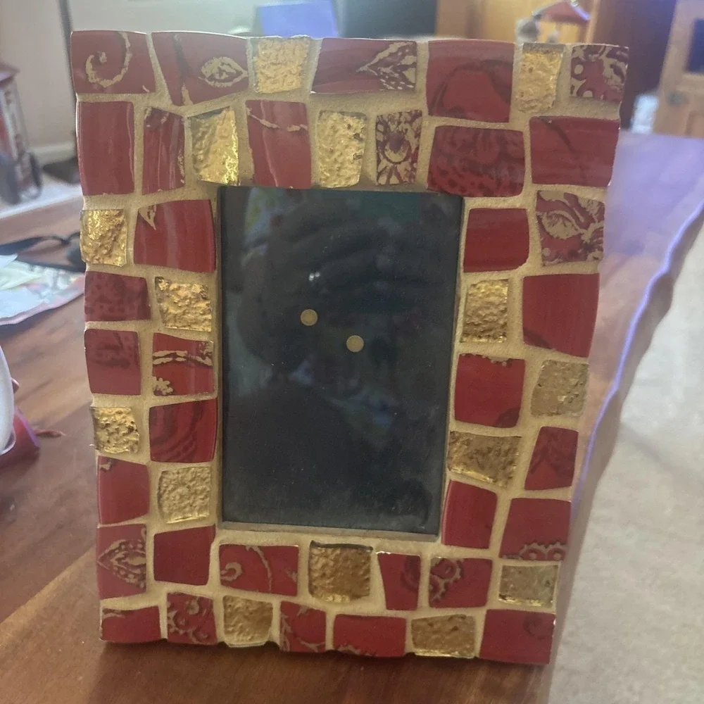 Handmade Mosaic Red Gold Frame Mediterranean 7.5x9.5 Photo 3.5x5.5